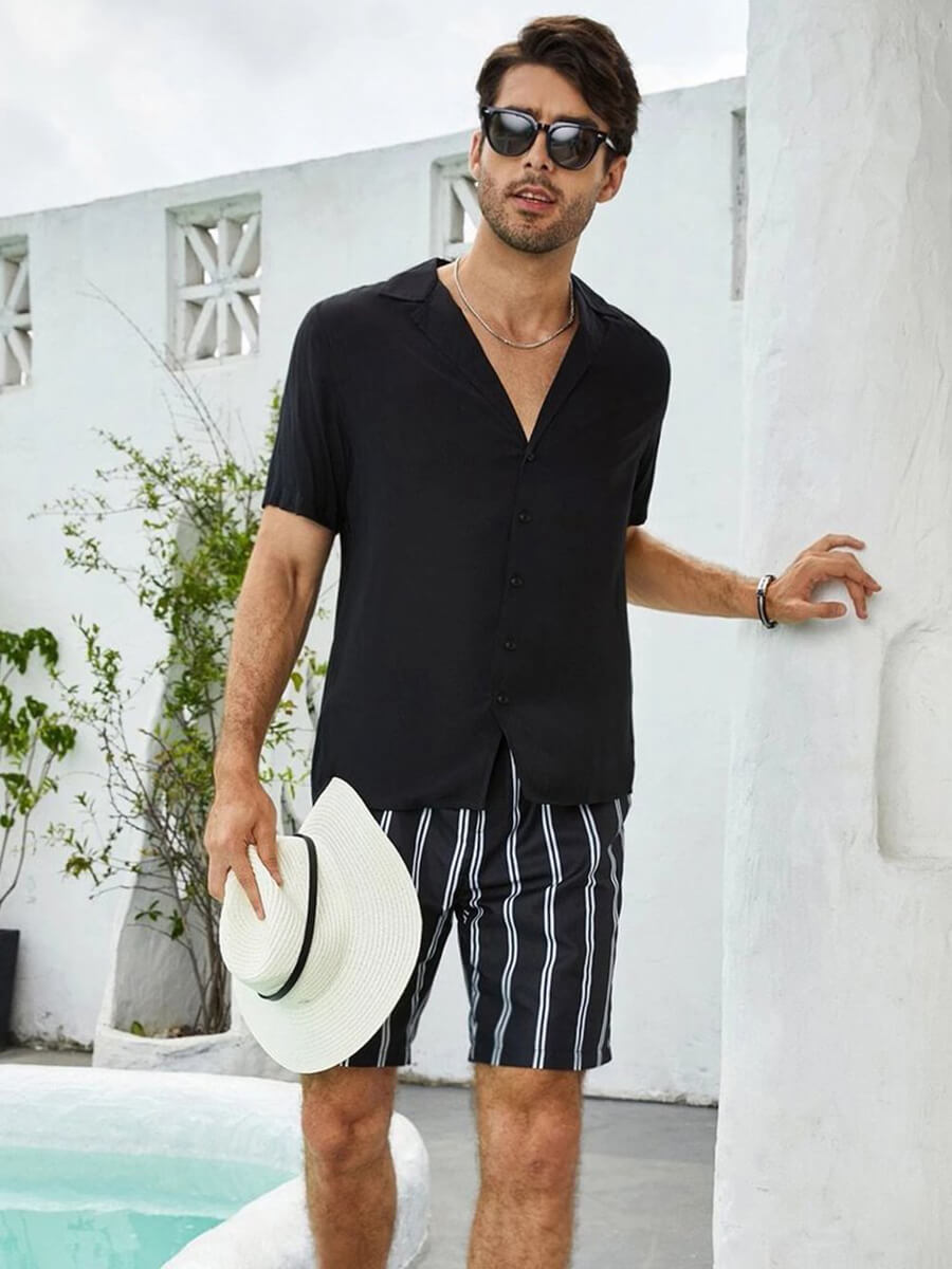 Men’s Relaxed-Fit Short Sleeve Button-Up Silk Camp Collar Shirt