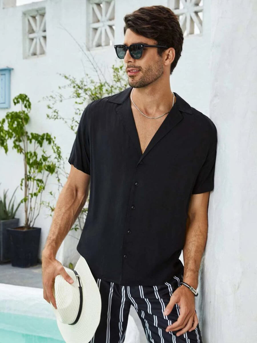 Men’s Relaxed-Fit Short Sleeve Button-Up Silk Camp Collar Shirt