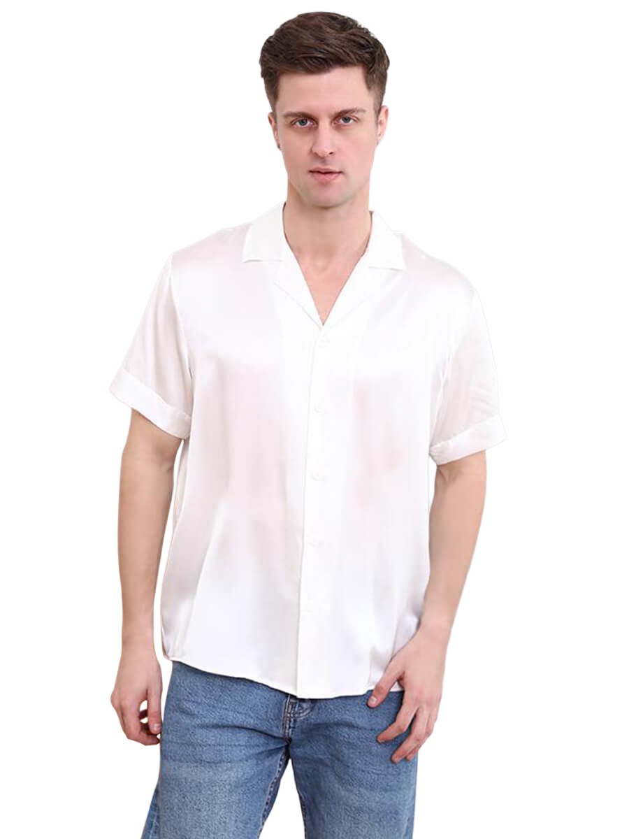 Men’s Relaxed-Fit Short Sleeve Button-Up Silk Camp Collar Shirt