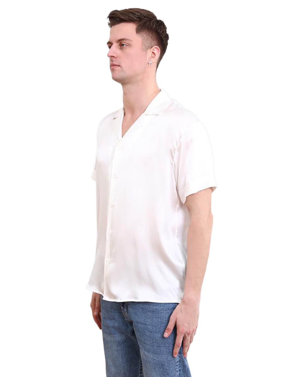 Men’s Relaxed-Fit Short Sleeve Button-Up Silk Camp Collar Shirt