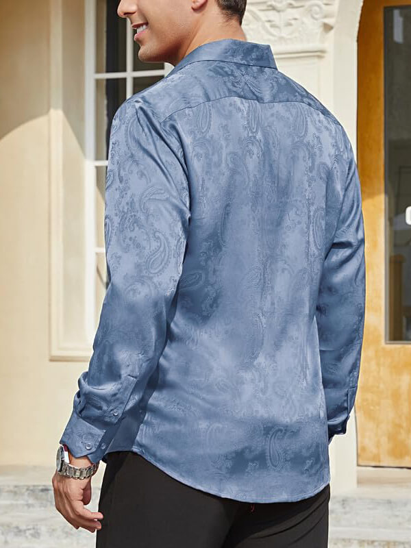 Men’s Long Sleeve Button-Up Paisley Jacquard Silk Dress Shirt