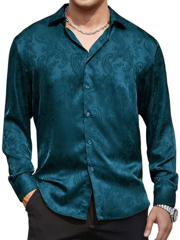 Men’s Long Sleeve Button-Up Paisley Jacquard Silk Dress Shirt