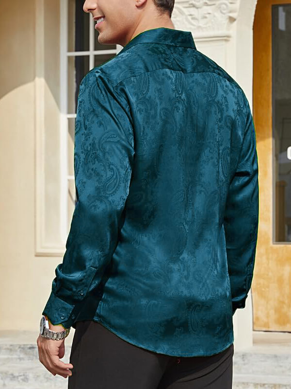 Men’s Long Sleeve Button-Up Paisley Jacquard Silk Dress Shirt
