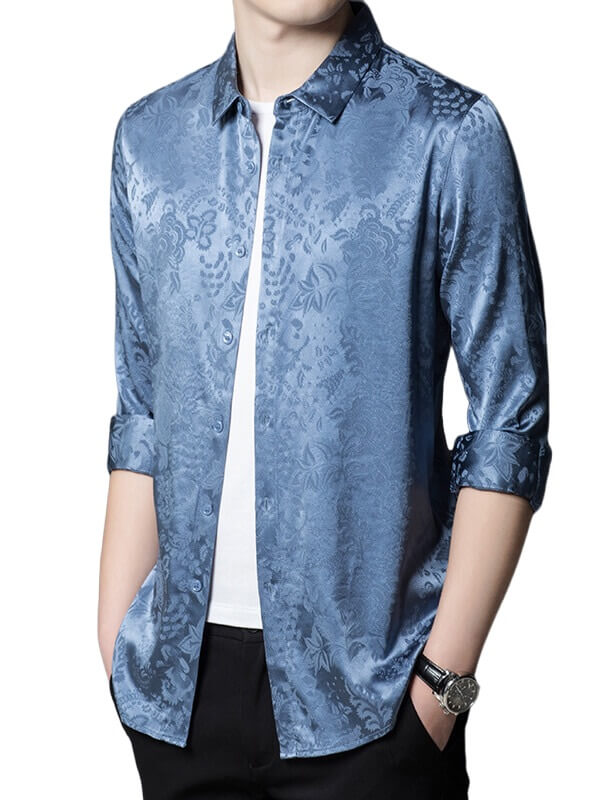 Men’s Long Sleeve Button-Up Paisley Jacquard Silk Dress Shirt