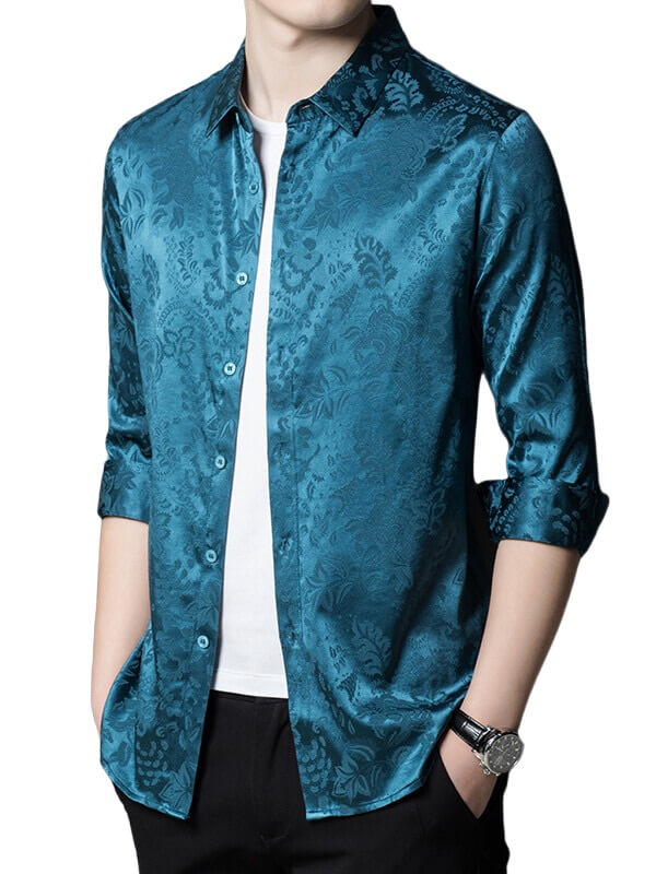 Men’s Long Sleeve Button-Up Paisley Jacquard Silk Dress Shirt