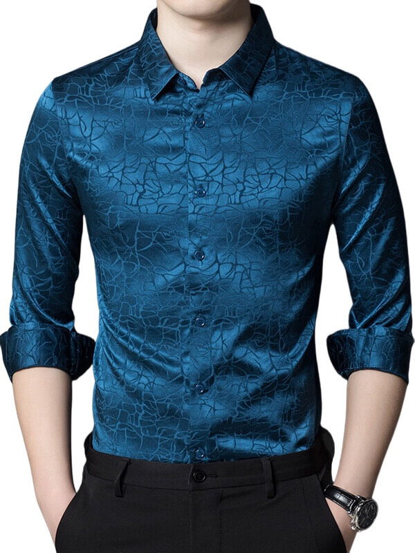 Men's Long Sleeve Jacquard Stretch Mulberry Silk Dress Shirt