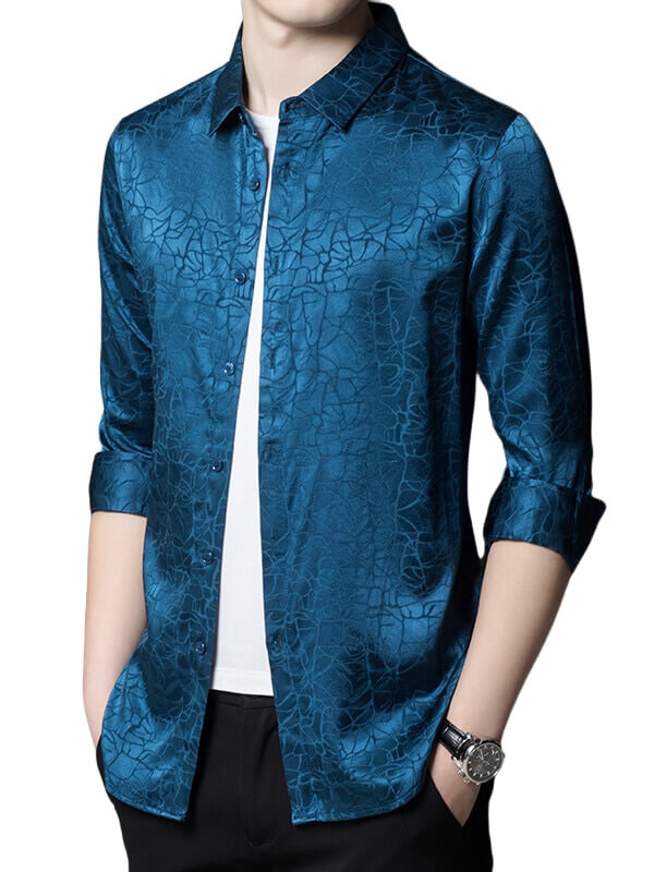 Men's Long Sleeve Jacquard Stretch Mulberry Silk Dress Shirt