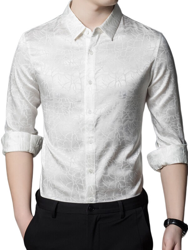 Men's Long Sleeve Jacquard Stretch Mulberry Silk Dress Shirt