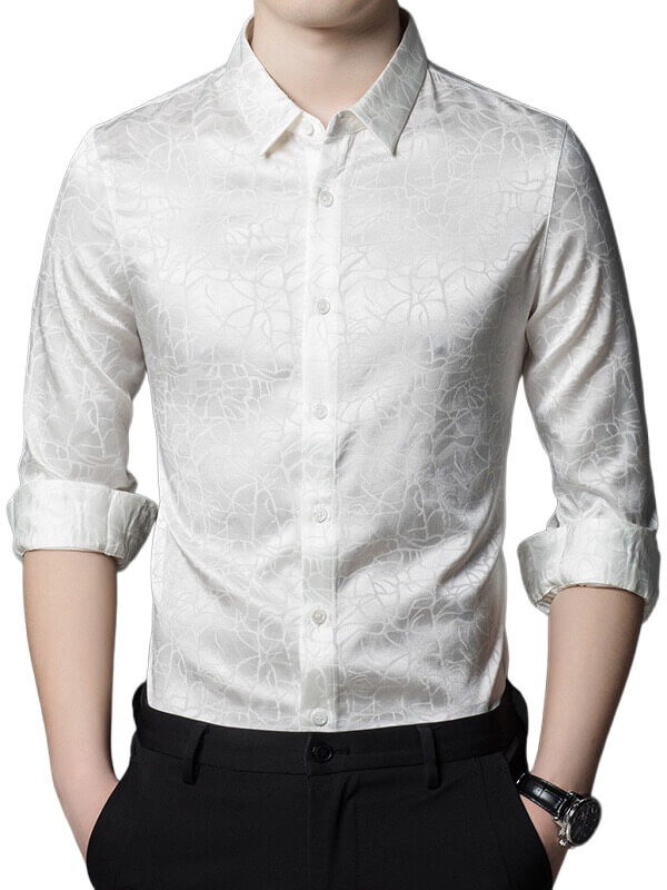 Men's Long Sleeve Jacquard Stretch Mulberry Silk Dress Shirt