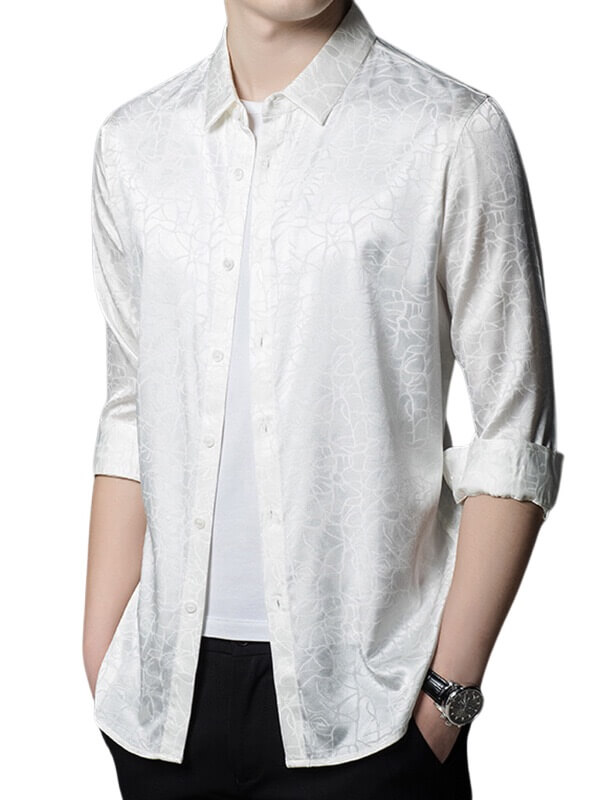 Men's Long Sleeve Jacquard Stretch Mulberry Silk Dress Shirt