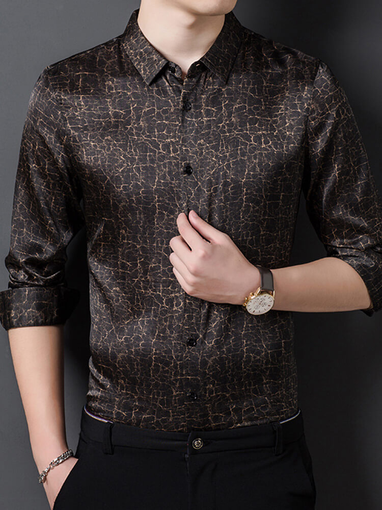 Men's Black and Gold Crackle Pattern Long Sleeve Silk Shirt