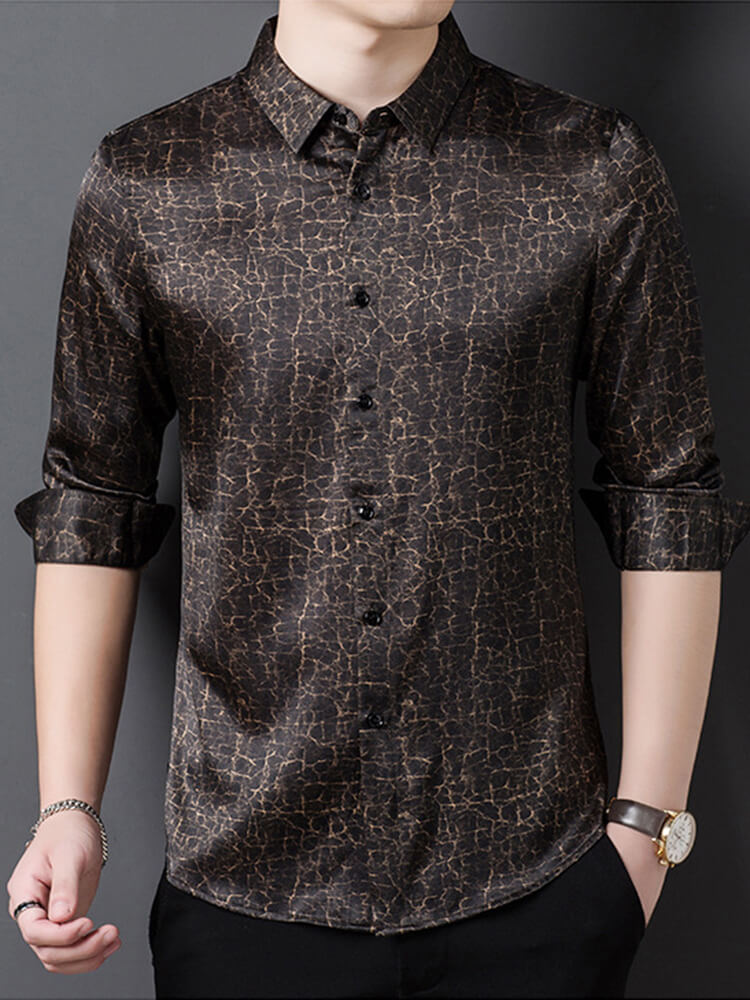 Men's Black and Gold Crackle Pattern Long Sleeve Silk Shirt