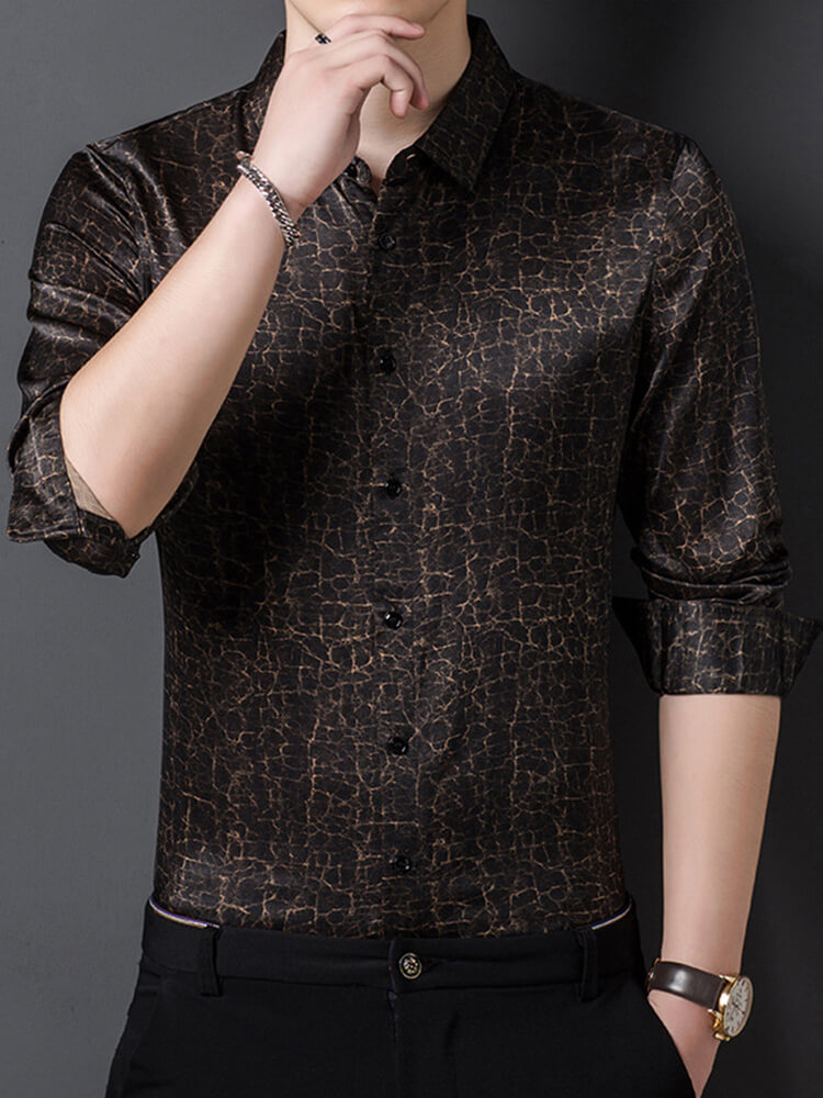 Men's Black and Gold Crackle Pattern Long Sleeve Silk Shirt