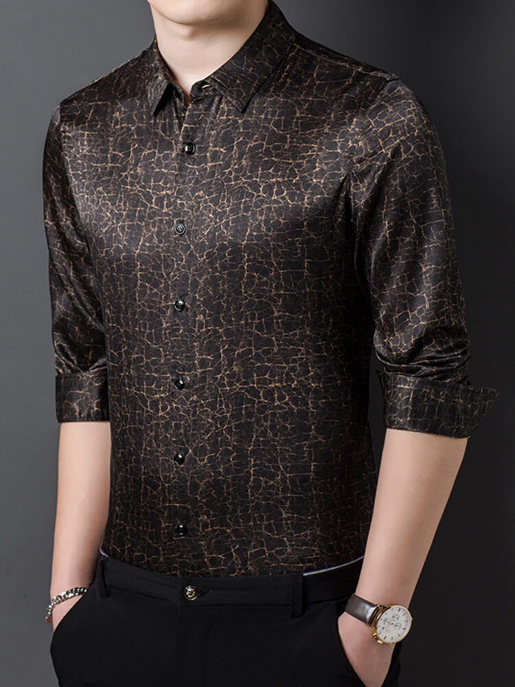 Men's Black and Gold Crackle Pattern Long Sleeve Silk Shirt