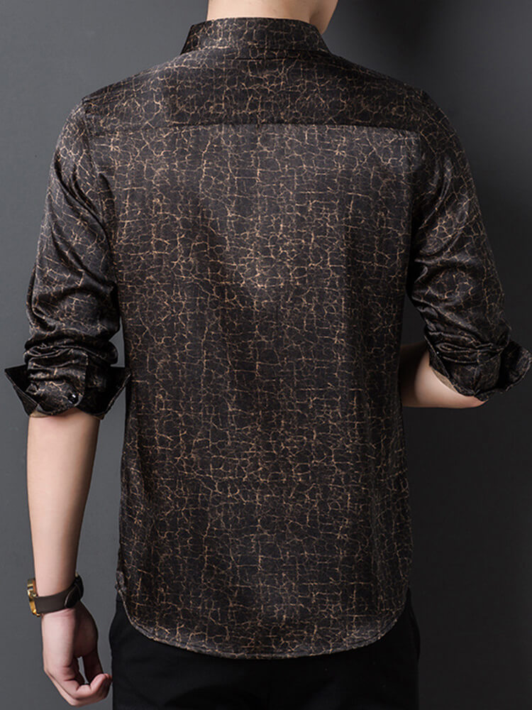 Men's Black and Gold Crackle Pattern Long Sleeve Silk Shirt