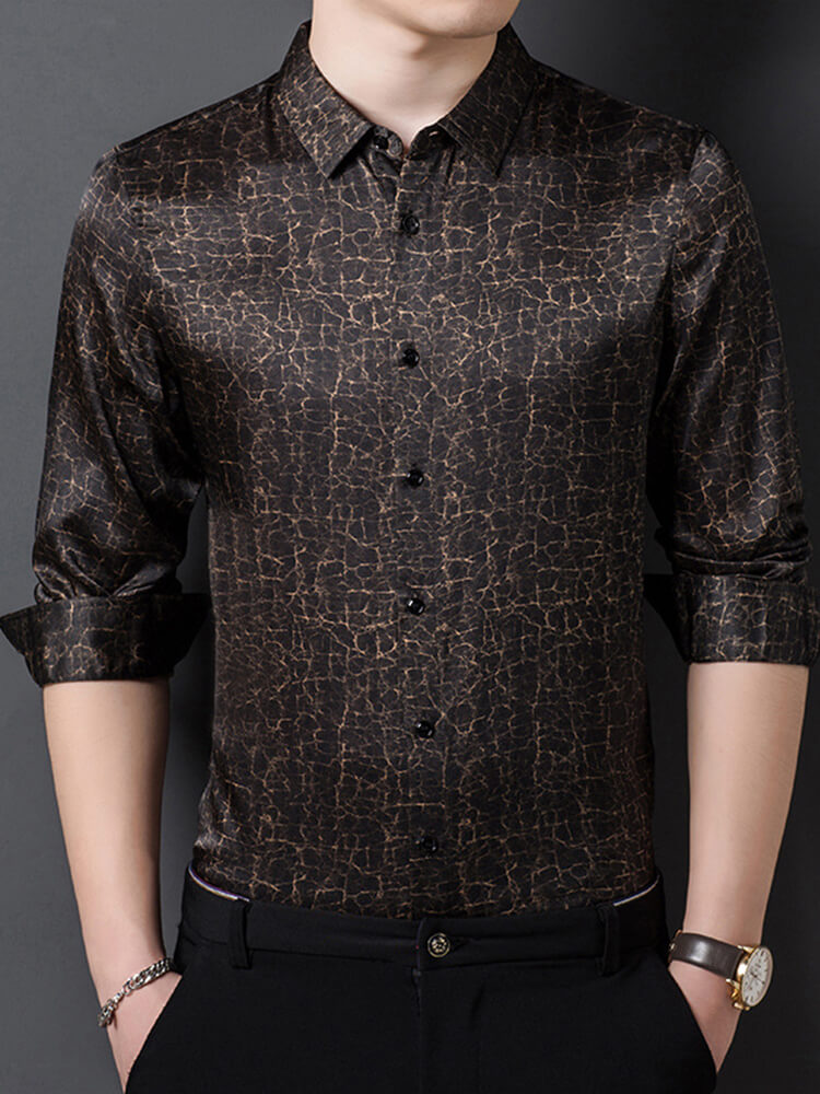 Men's Black and Gold Crackle Pattern Long Sleeve Silk Shirt