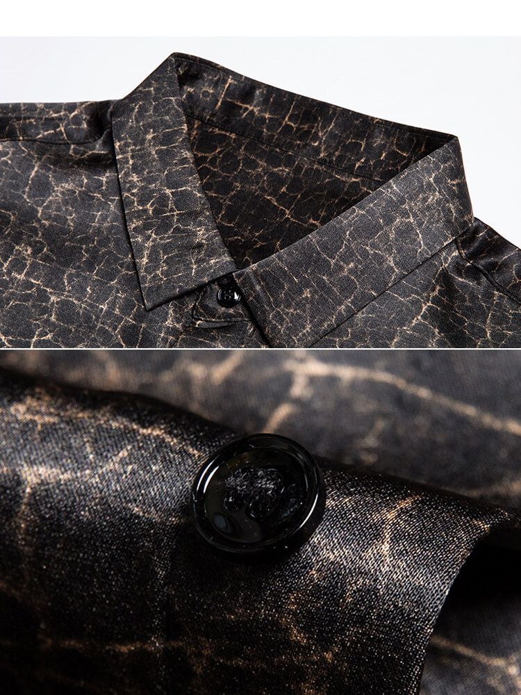 Men's Black and Gold Crackle Pattern Long Sleeve Silk Shirt