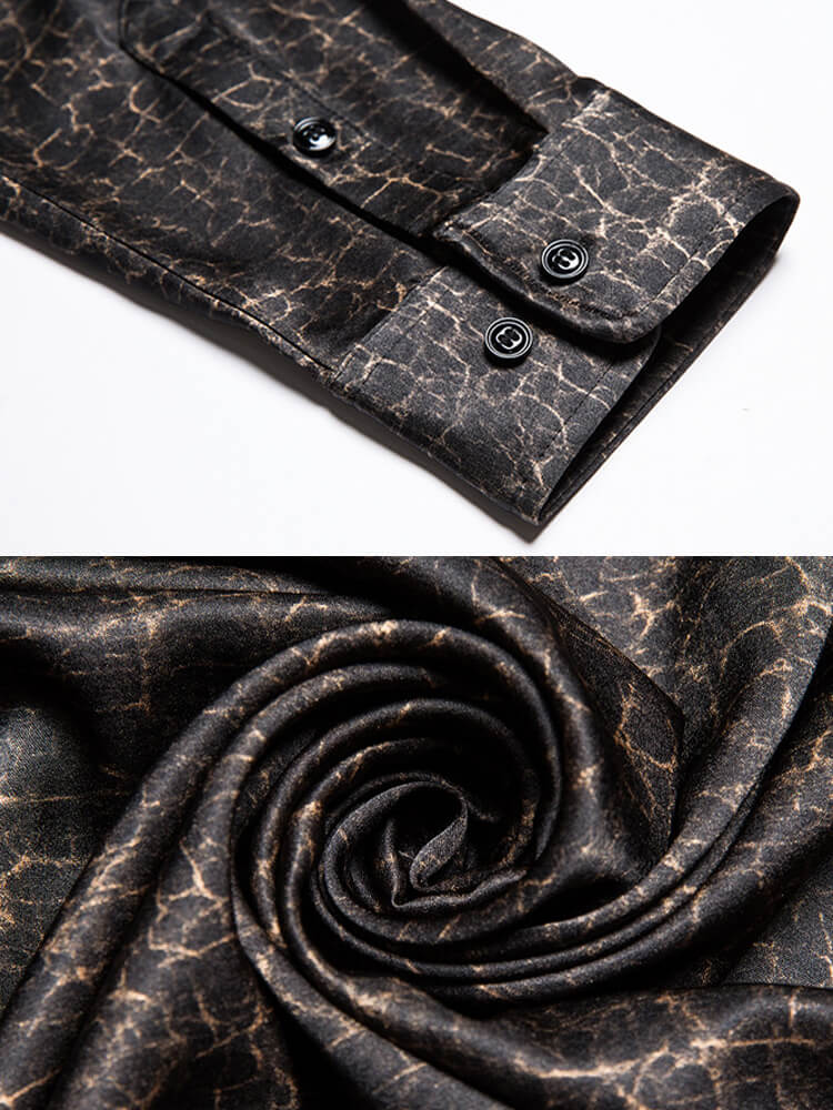 Men's Black and Gold Crackle Pattern Long Sleeve Silk Shirt