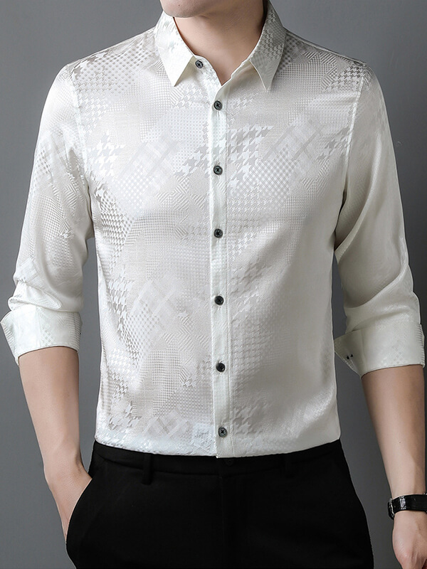 Men's Houndstooth Pattern Long Sleeve Button Down Silk Shirt