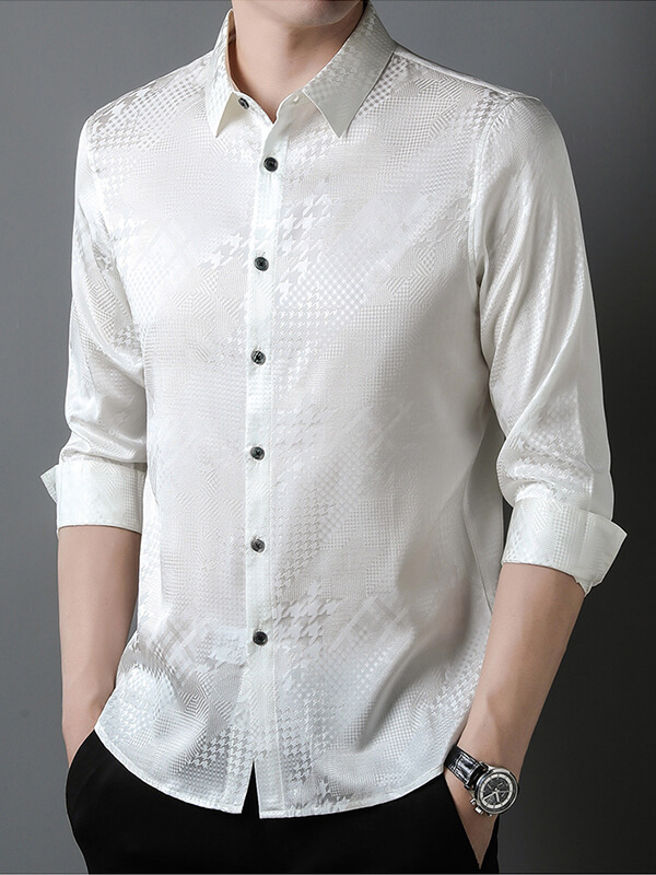 Men's Houndstooth Pattern Long Sleeve Button Down Silk Shirt