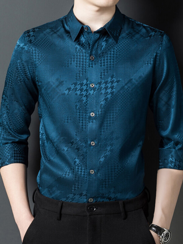 Men's Houndstooth Pattern Long Sleeve Button Down Silk Shirt
