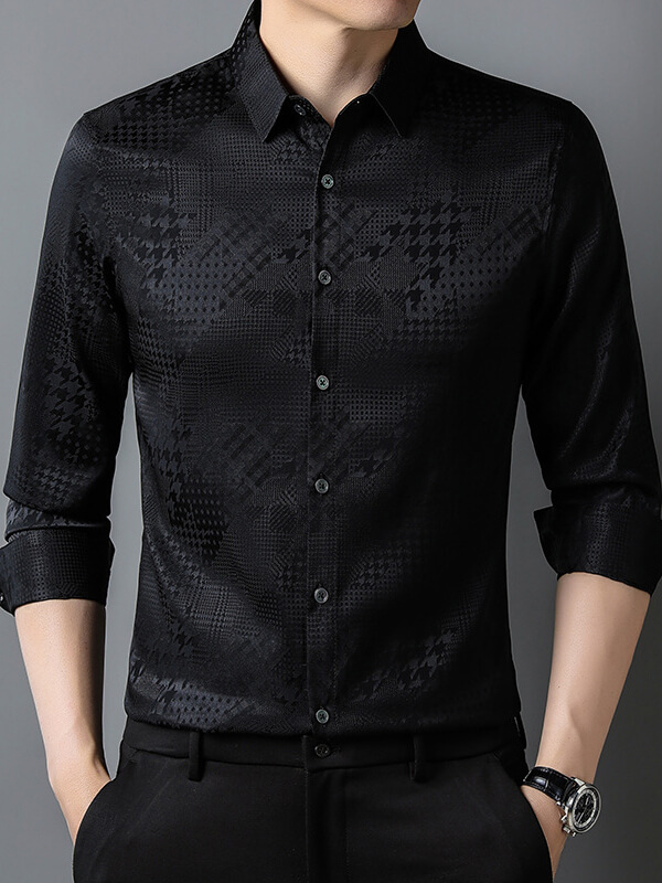 Men's Houndstooth Pattern Long Sleeve Button Down Silk Shirt