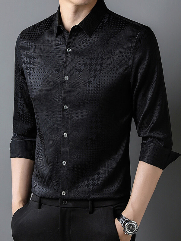 Men's Houndstooth Pattern Long Sleeve Button Down Silk Shirt