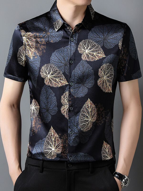 Men's Elegant Short-Sleeve Dark Floral Leaf Pattern Silk Shirt