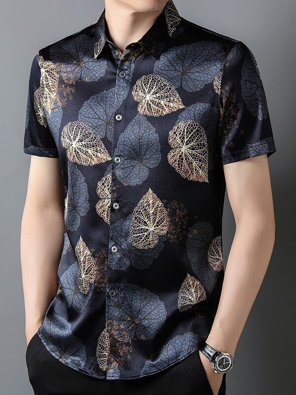 Men's Elegant Short-Sleeve Dark Floral Leaf Pattern Silk Shirt