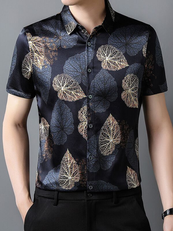 Men's Elegant Short-Sleeve Dark Floral Leaf Pattern Silk Shirt