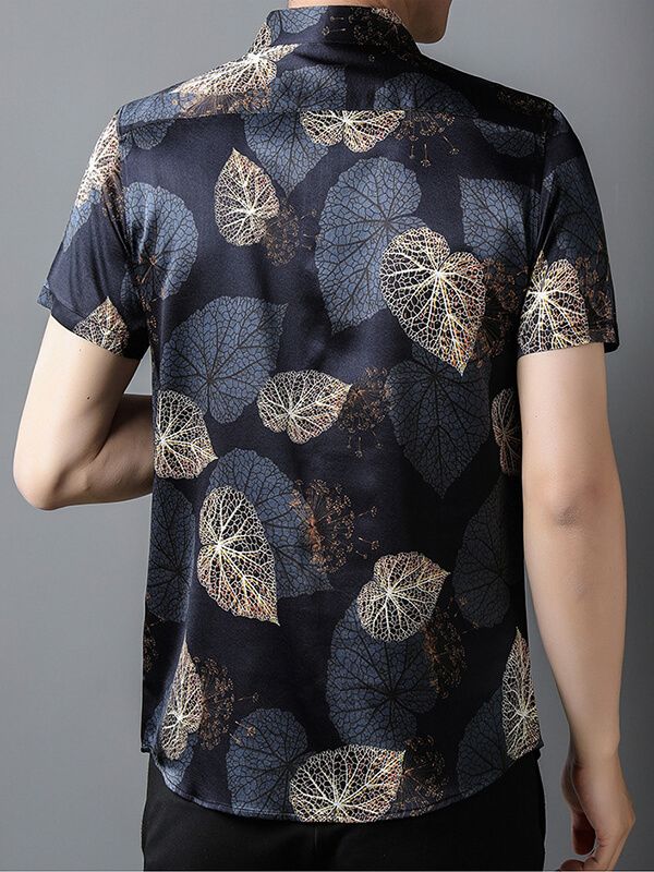 Men's Elegant Short-Sleeve Dark Floral Leaf Pattern Silk Shirt