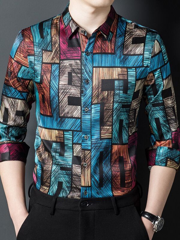 Multicolor Abstract Print Bold Geometric Long Sleeve Silk Shirt