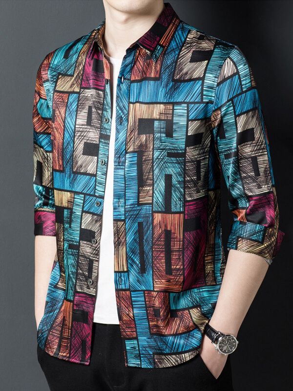 Multicolor Abstract Print Bold Geometric Long Sleeve Silk Shirt