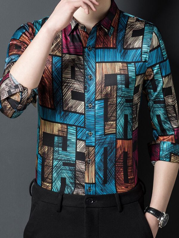 Multicolor Abstract Print Bold Geometric Long Sleeve Silk Shirt
