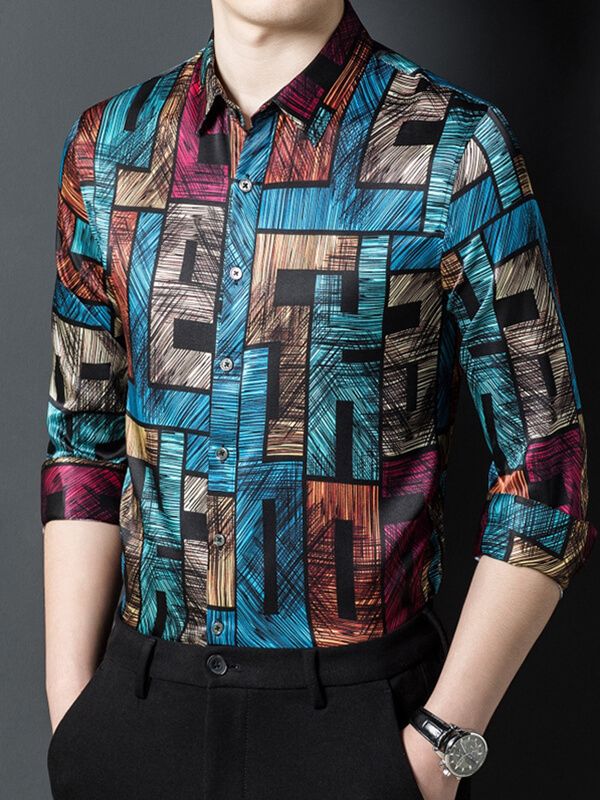 Multicolor Abstract Print Bold Geometric Long Sleeve Silk Shirt
