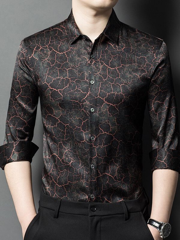 Men’s Black Marble Print Long Sleeve Button-Up Silk Shirt