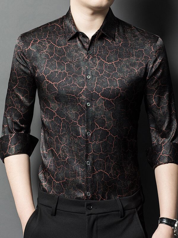 Men’s Black Marble Print Long Sleeve Button-Up Silk Shirt