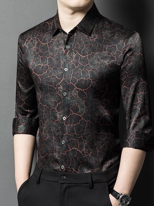 Men’s Black Marble Print Long Sleeve Button-Up Silk Shirt