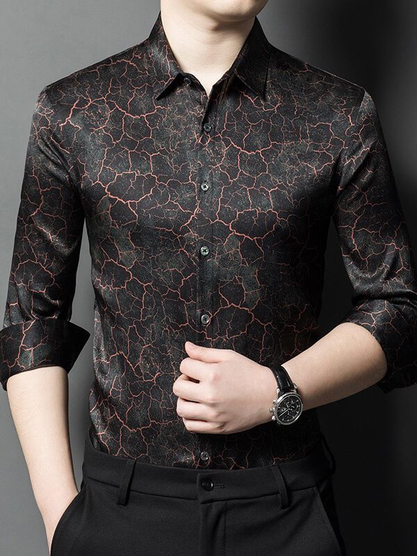 Men’s Black Marble Print Long Sleeve Button-Up Silk Shirt