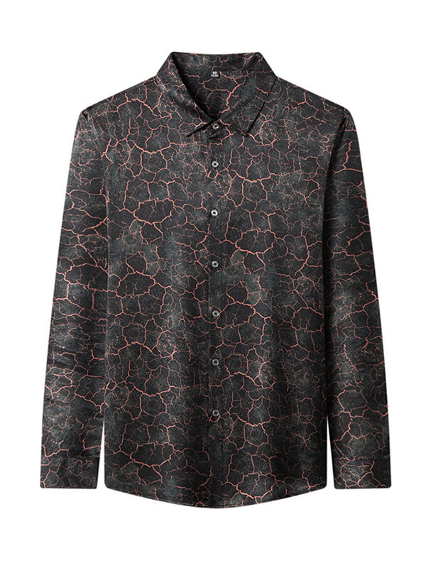 Men’s Black Marble Print Long Sleeve Button-Up Silk Shirt