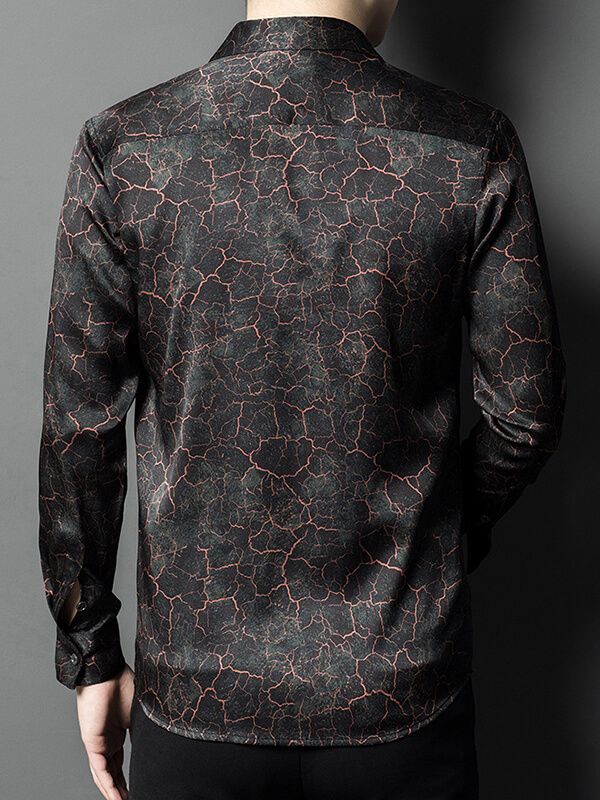 Men’s Black Marble Print Long Sleeve Button-Up Silk Shirt