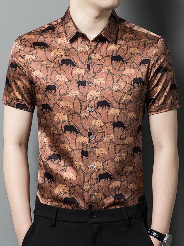 Men's Dark Orange Animal Print Short Sleeve Silk Shirt