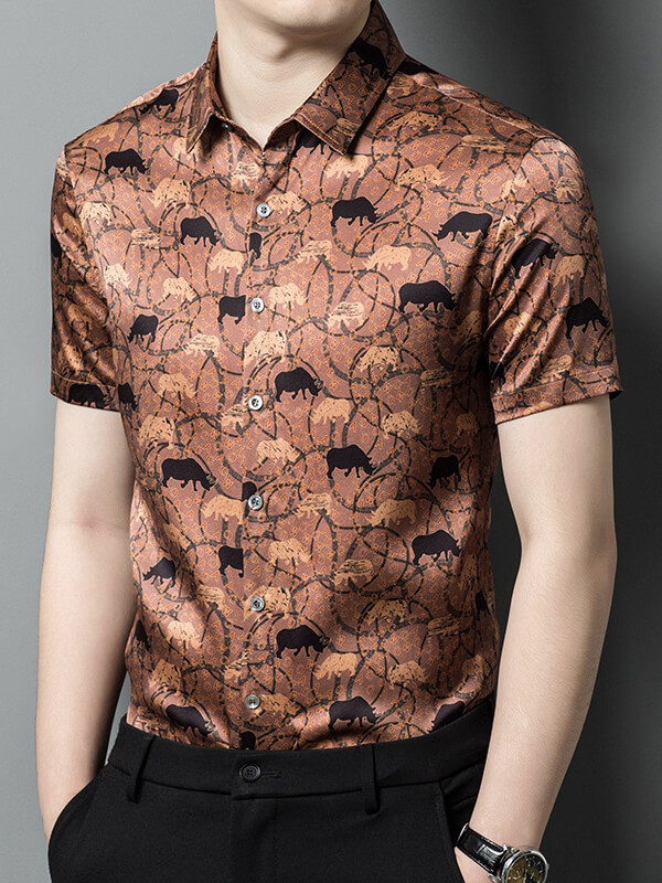 Men's Dark Orange Animal Print Short Sleeve Silk Shirt
