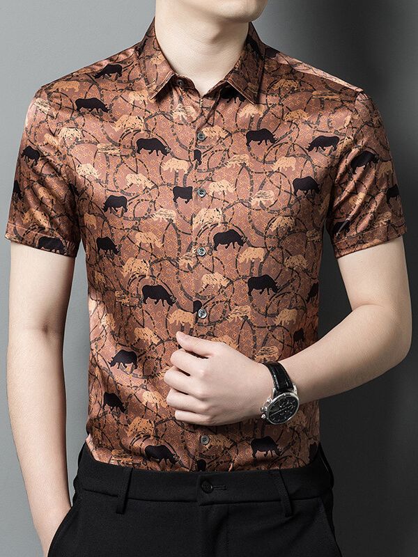 Men's Dark Orange Animal Print Short Sleeve Silk Shirt