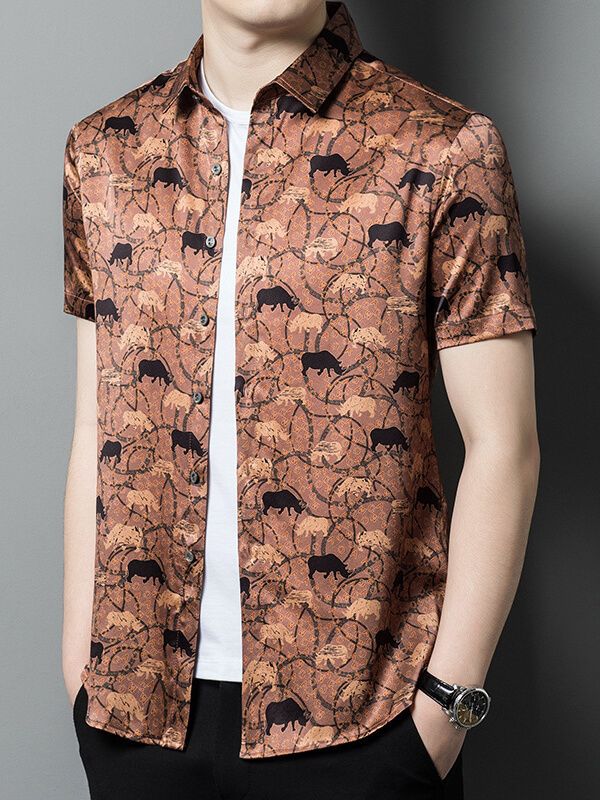 Men's Dark Orange Animal Print Short Sleeve Silk Shirt