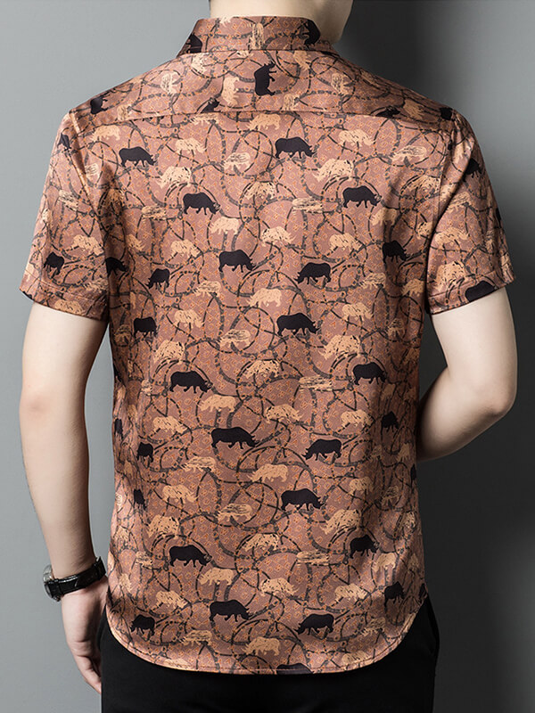 Men's Dark Orange Animal Print Short Sleeve Silk Shirt