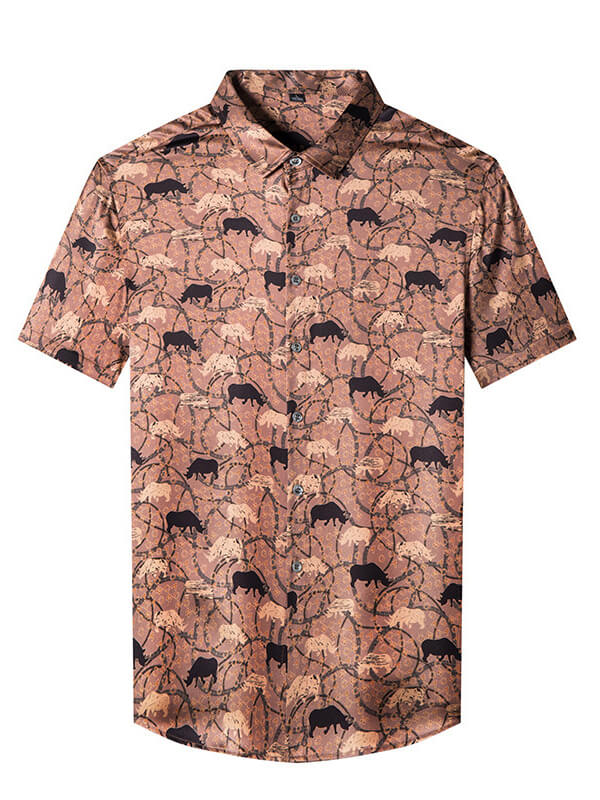 Men's Dark Orange Animal Print Short Sleeve Silk Shirt