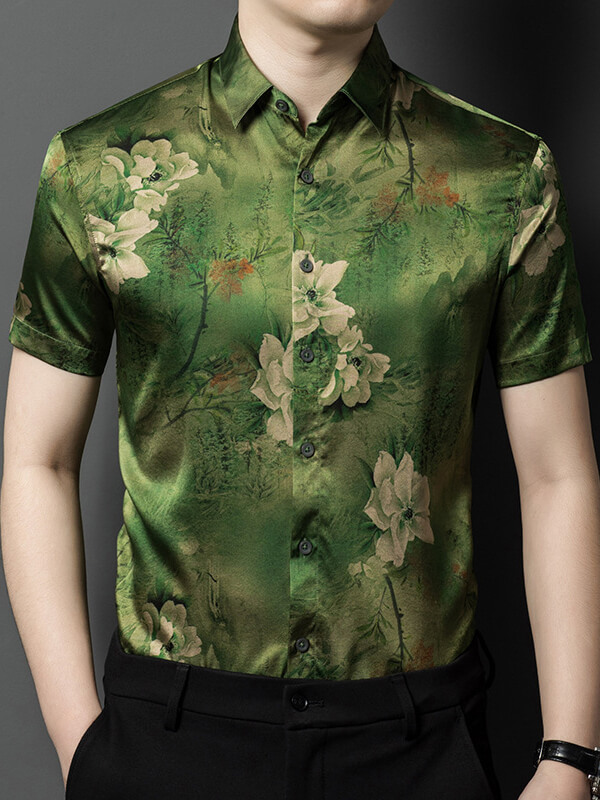 Men's Luxury Green Floral Short Sleeve Silk Dress Shirt