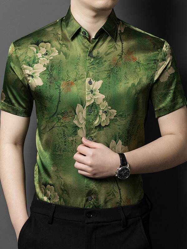 Men's Luxury Green Floral Short Sleeve Silk Dress Shirt
