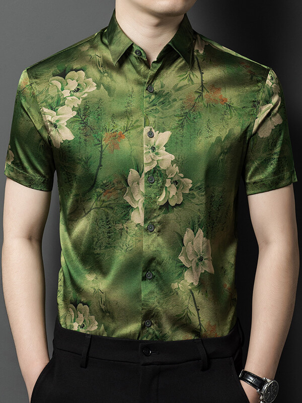 Men's Luxury Green Floral Short Sleeve Silk Dress Shirt